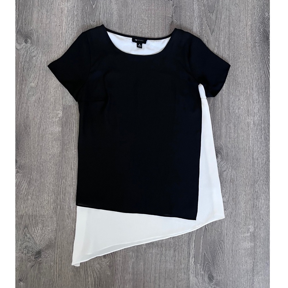 AB Studio Womens Black White Asymmetrical Layered Colorblock Blouse Top Size M